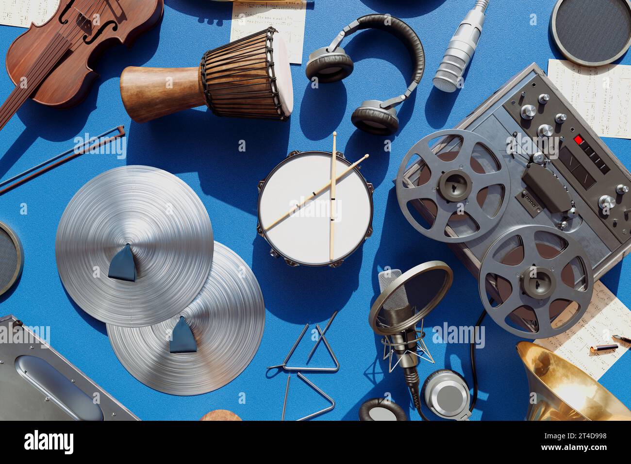 Musical instruments are arranged on a floor with old note sheets and a