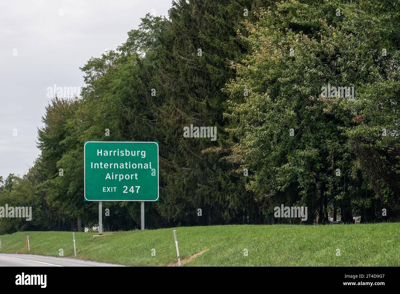 Exit 247 sign on I-76 in Pennsylvania for Harrisburg International Airport Stock Photo
