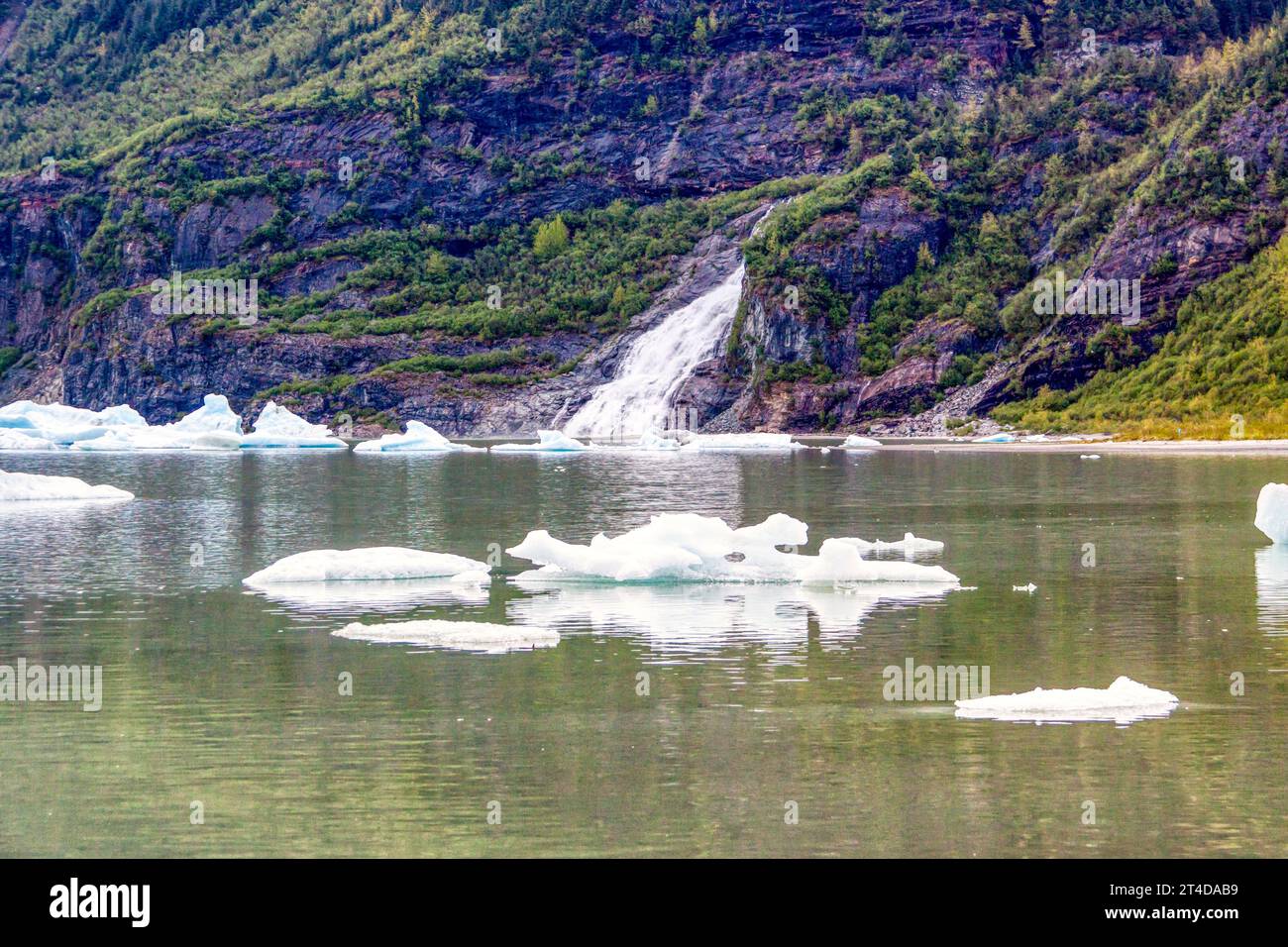 Mendenhall Glacier is about a 12 mile long glacier in Mendenhall Valley, about 12 miles  from downtown Juneau. It is a major tourist attraction. Stock Photo