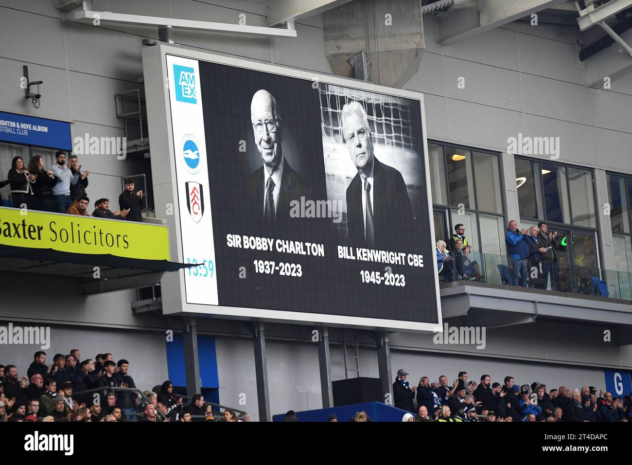 Brighton and Hove Albion fans join in a minutes silence is observed after the passing of Bobby Charlton and Bill Kenwright - Brighton & Hove Albion v Fulham, Premier League, Amex Stadium, Brighton, UK - 29th October 2023 Editorial Use Only - DataCo restrictions apply Stock Photo