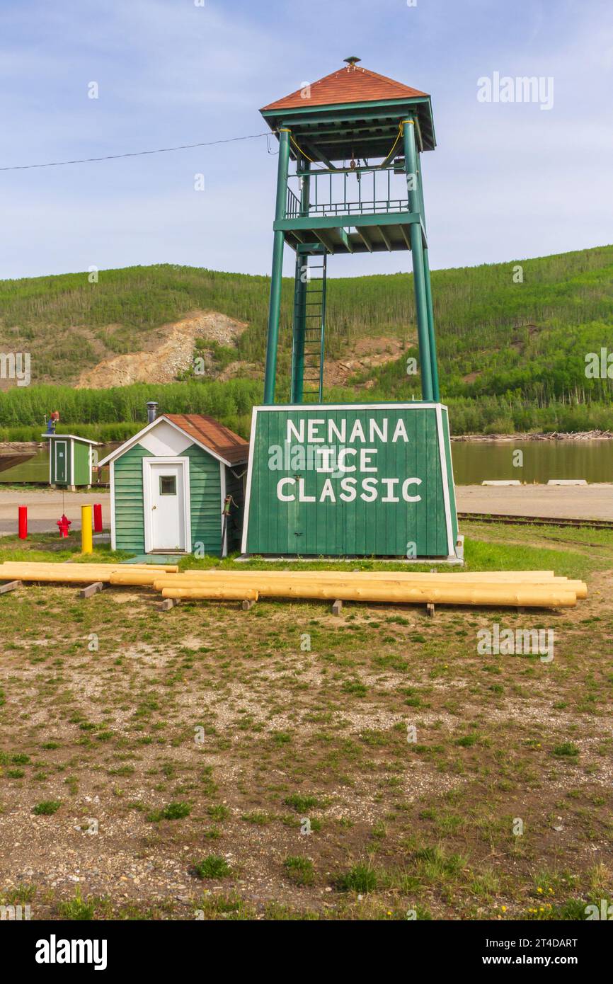 Village of Nenana on the Nenana River in Alaska. Famous for the Nenana Ice Classic lottery where people try to guess when ice will begin to break up. Stock Photo