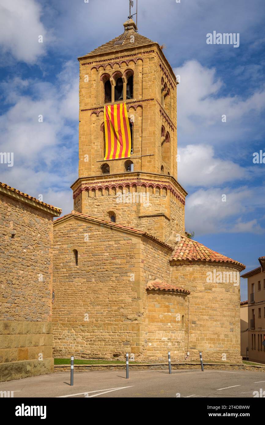 Bell tower of the Romanesque church of Santa Eugènia de Berga, in La Plana de Vic basin (Osona, Barcelona, Catalonia, Spain) Stock Photo