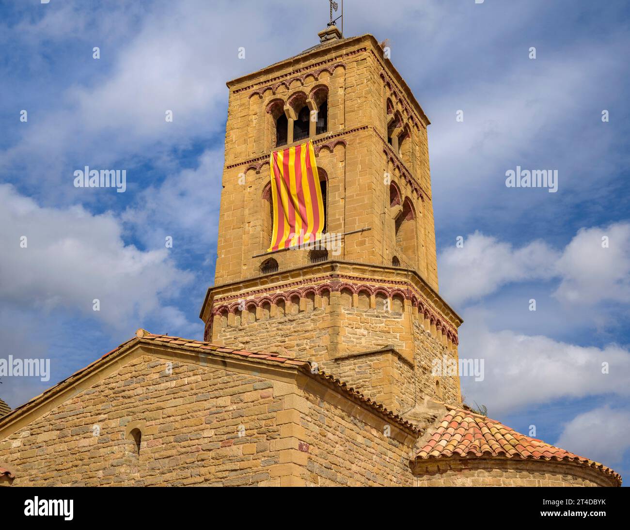 Bell tower of the Romanesque church of Santa Eugènia de Berga, in La Plana de Vic basin (Osona, Barcelona, Catalonia, Spain) Stock Photo