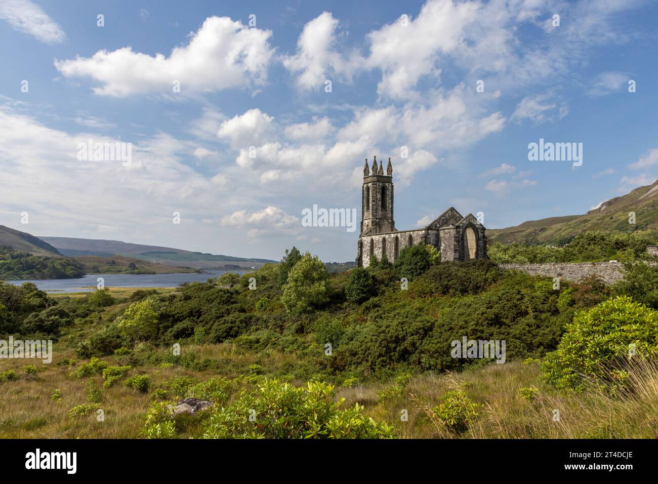 The abandoned Dunlewey Church in Ireland is a picturesque ruin with a romantic and haunting atmosphere. Stock Photo