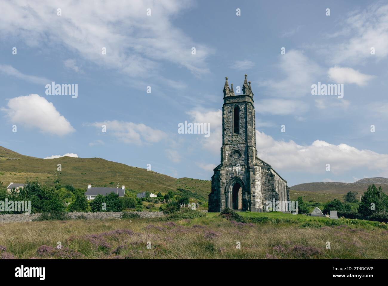 The abandoned Dunlewey Church in Ireland is a picturesque ruin with a romantic and haunting atmosphere. Stock Photo