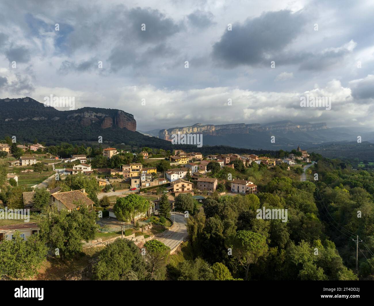 Aerial view of the village of Vilanova de Sau and its rural surroundings in the Sau valley (Osona, Barcelona, Catalonia, Spain) Stock Photo