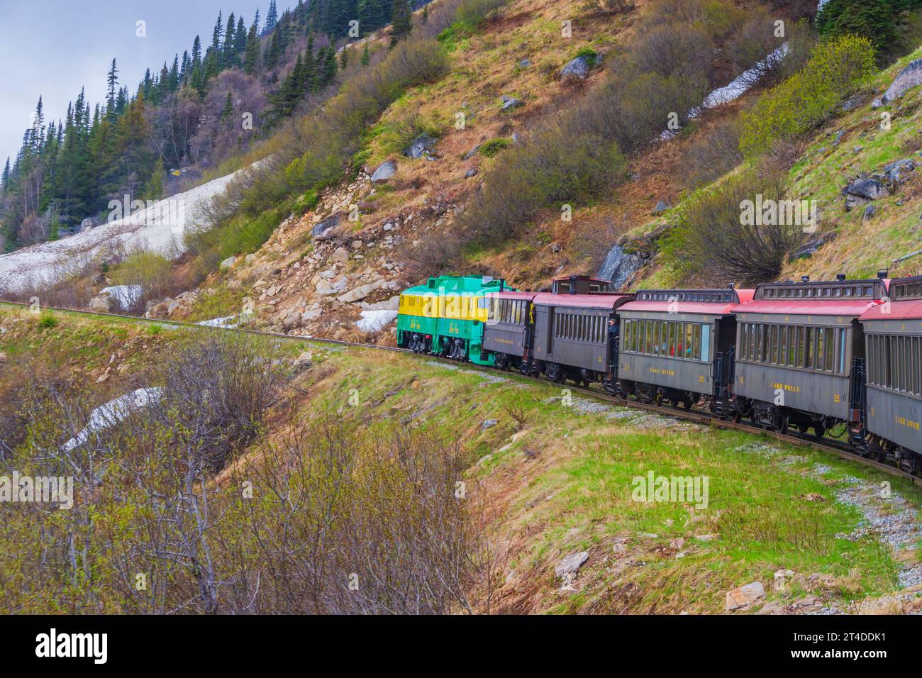 White Pass and Yukon Route (WP&YR) Railroad train ride from Skagway, Alaska to Fraser, British Columbia makes use of the incredible engineering feat. Stock Photo