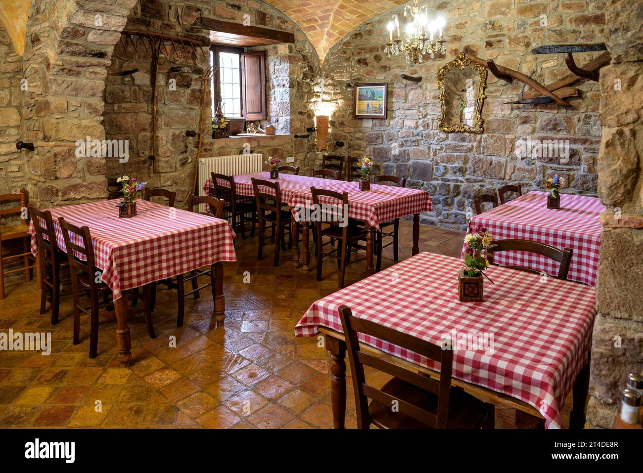 Dining room - restaurant of the Mas Postius rural country house, in Muntanyola (Osona, Barcelona, Catalonia, Spain) Stock Photo