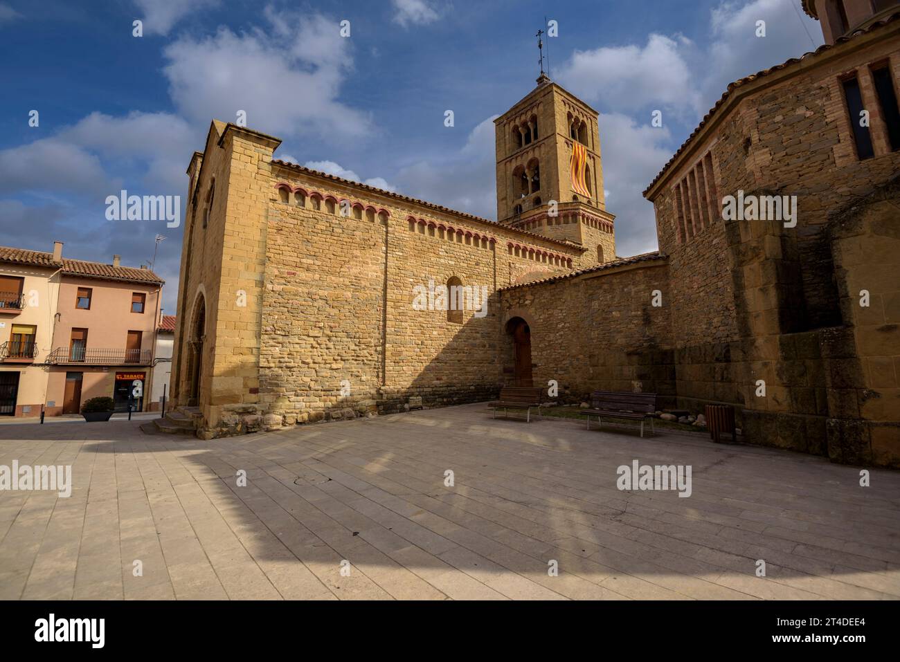 Ensemble of the Romanesque church of Santa Eugènia de Berga, in La Plana de Vic basin (Osona, Barcelona, Catalonia, Spain) Stock Photo