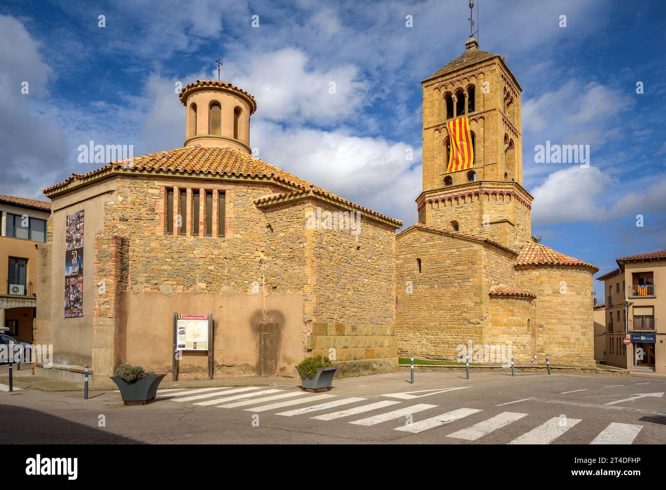 Ensemble of the Romanesque church of Santa Eugènia de Berga, in La Plana de Vic basin (Osona, Barcelona, Catalonia, Spain) Stock Photo