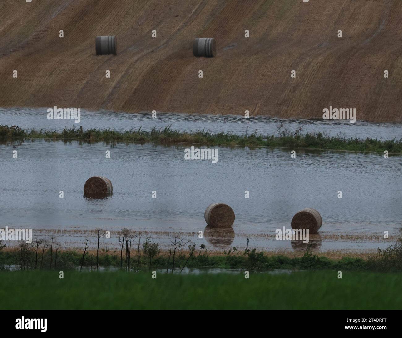 Moira, County Down, Northern Ireland, UK. 30th Oct 2023. UK weather - already over its banks the River Lagan rose higher following more heavy rain overnight. Surrounding farmland in the Lagan Valley is under substantial water for this time of year and the levels will remain high with further rain warnings in place between now and Friday as another storm-front rolls in. Credit: CAZIMB/Alay Live News. Stock Photo