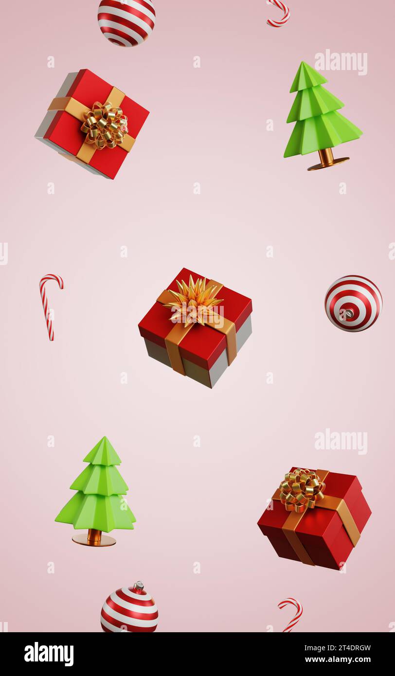 Composition of gift boxes candy canes Christmas tree. 3D rendering ...