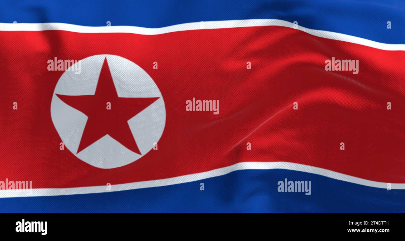 Close-up of North Korea national flag waving in the wind. 3d illustration render, Rippling fabric. Textured textile background Stock Photo
