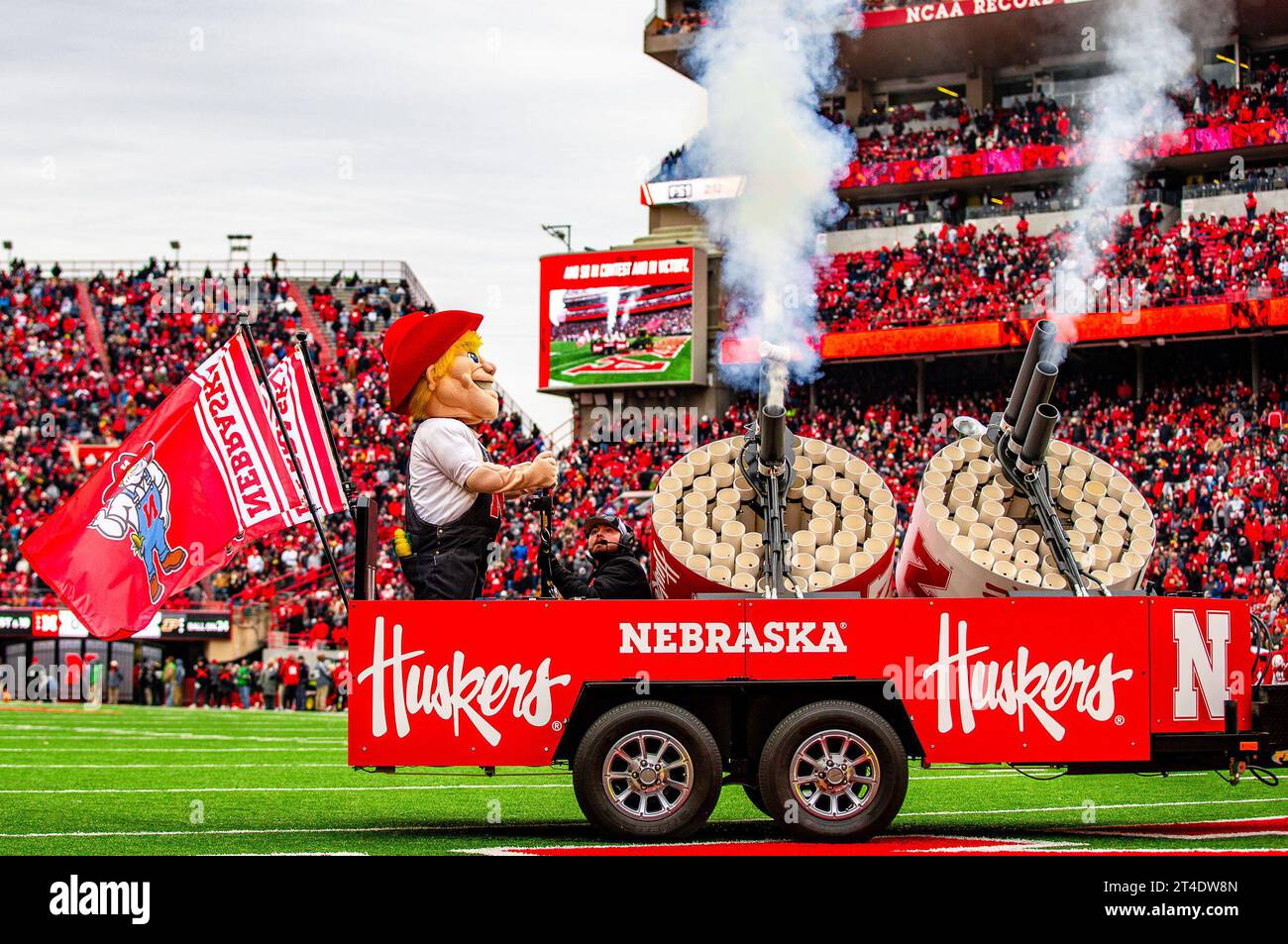 Lincoln, NE. U.S. 28th Oct, 2023. Nebraska Cornhuskers mascot, Herbie, rides around the field shooting t-shirts to the fans during a NCAA Division 1 football game between Purdue Boilermakers and the Nebraska Cornhuskers at Memorial Stadium in Lincoln, NE.Nebraska won 31-14.Attendance: 86,709.394th consecutive sellout.Michael Spomer/Cal Sport Media (Credit Image: © Michael Spomer/Cal Sport Media). Credit: csm/Alamy Live News Stock Photo