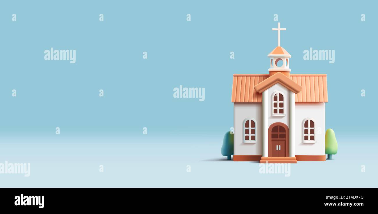 3d render church building icon, white facade with bushes and trees ...