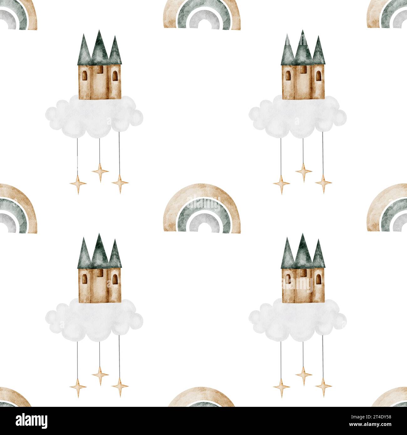 seamless hand-drawn pattern with vintage rainbow, magic castle. Elegant pattern for printing on children's linens, pajamas, and packaging for children Stock Photo