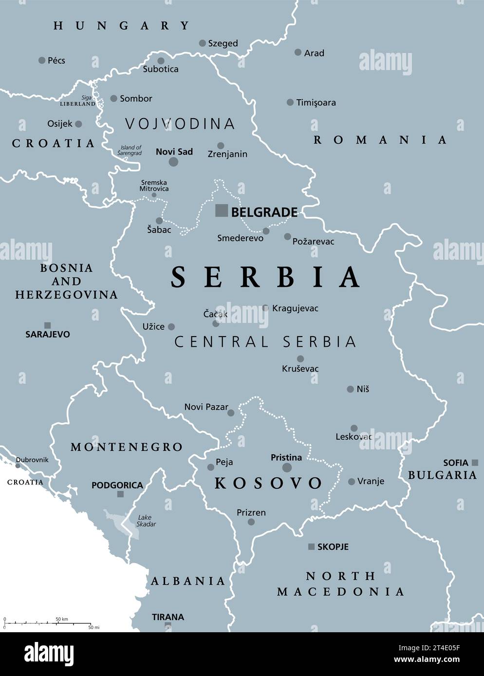 Serbia and Kosovo, landlocked countries in Southeast Europe, gray political map. Republic of Serbia, with capital Belgrade, and Republic of Kosovo. Stock Photo
