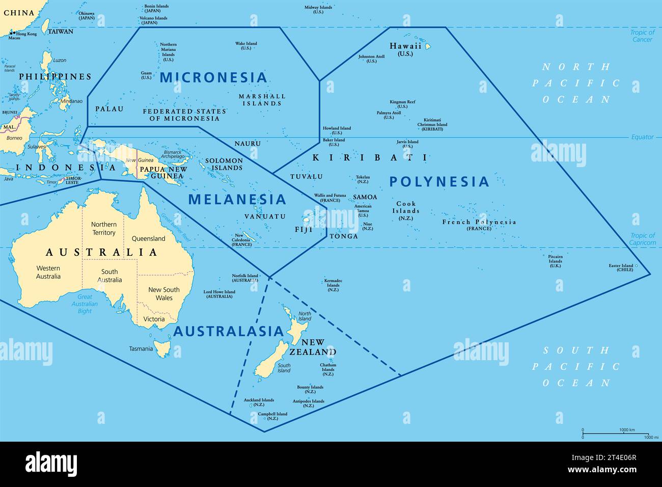 Subregions of Oceania, political map. Geoscheme with regions in the Pacific Ocean and next to Asia. Melanesia, Micronesia, Polynesia, and Australasia. Stock Photo