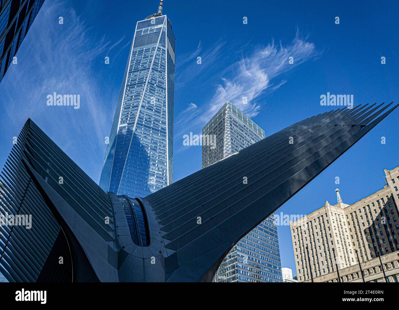 Low angle view of One World Trade Center and the Oculus transportation hub, Financial District, New York City, New York, USA Stock Photo