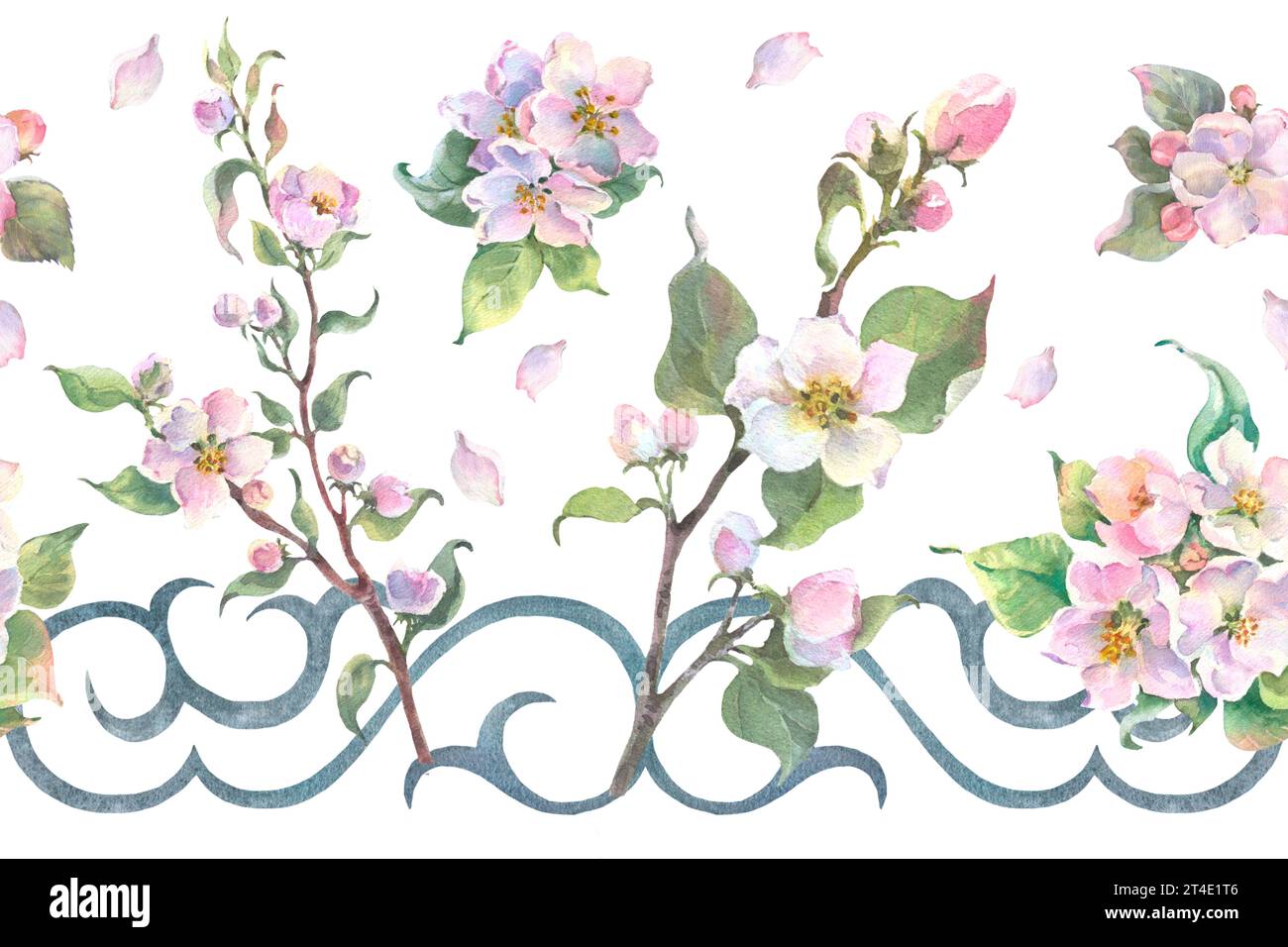 Seamless pattern, bordure. Watercolor apple tree branch and flowers ...