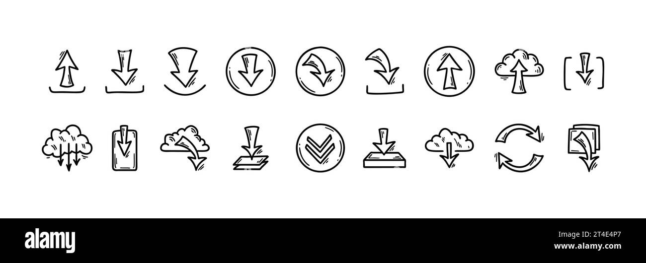 Download and upload file doodle icons set. Hand drawn sketch interface buttons. Cloud data server technology. Digital storage arrow pictogram. Stock Vector