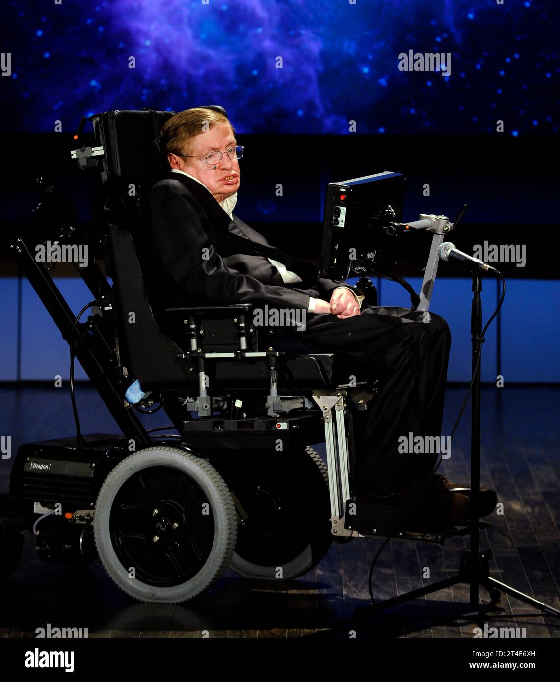 Stephen Hawking. Photograph of the English theoretical physicist, Stephen William Hawking (1942-2018) giving a lecture at the 50th Anniversary of NASA in April 2008. Stock Photo