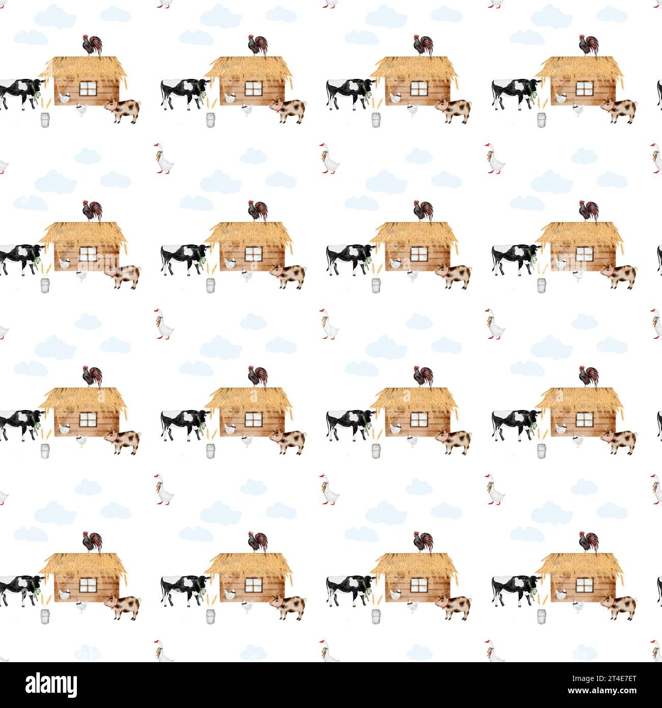 seamless pattern on a rustic theme. barn cow goose pig rooster ...