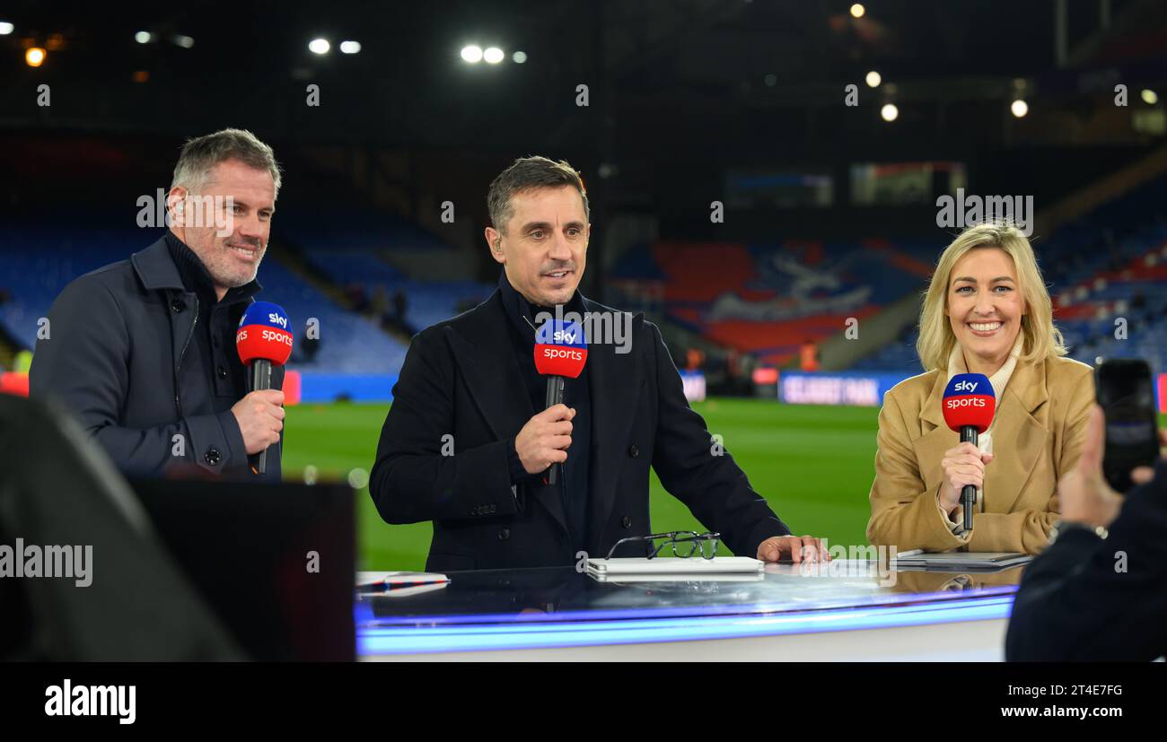 London, UK. 27th Oct, 2023. 27 Oct 2023 - Crystal Palace v Tottenham Hotspur - Premier League - Selhurst Park The Sky Sports football presenting team of Kelly Cates, Gary Neville and Jamie Carragher. Picture Credit: Mark Pain/Alamy Live News Stock Photo
