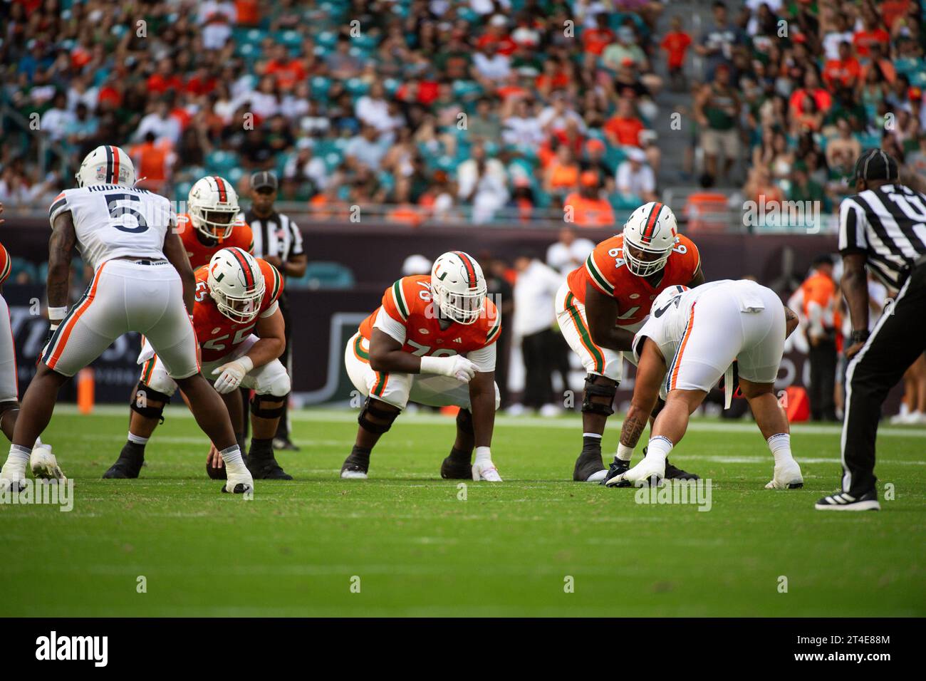 Miami Hurricanes Offensive Lineman Javion Cohen 70 At The Line Of miami-hurricanes-offensive-lineman-javion-cohen-70-at-the-line-of