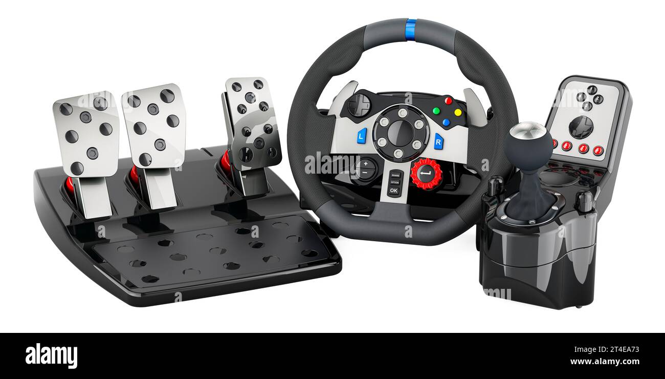 Gaming racing steering wheel with foot pedal and vibration feedback, 3D