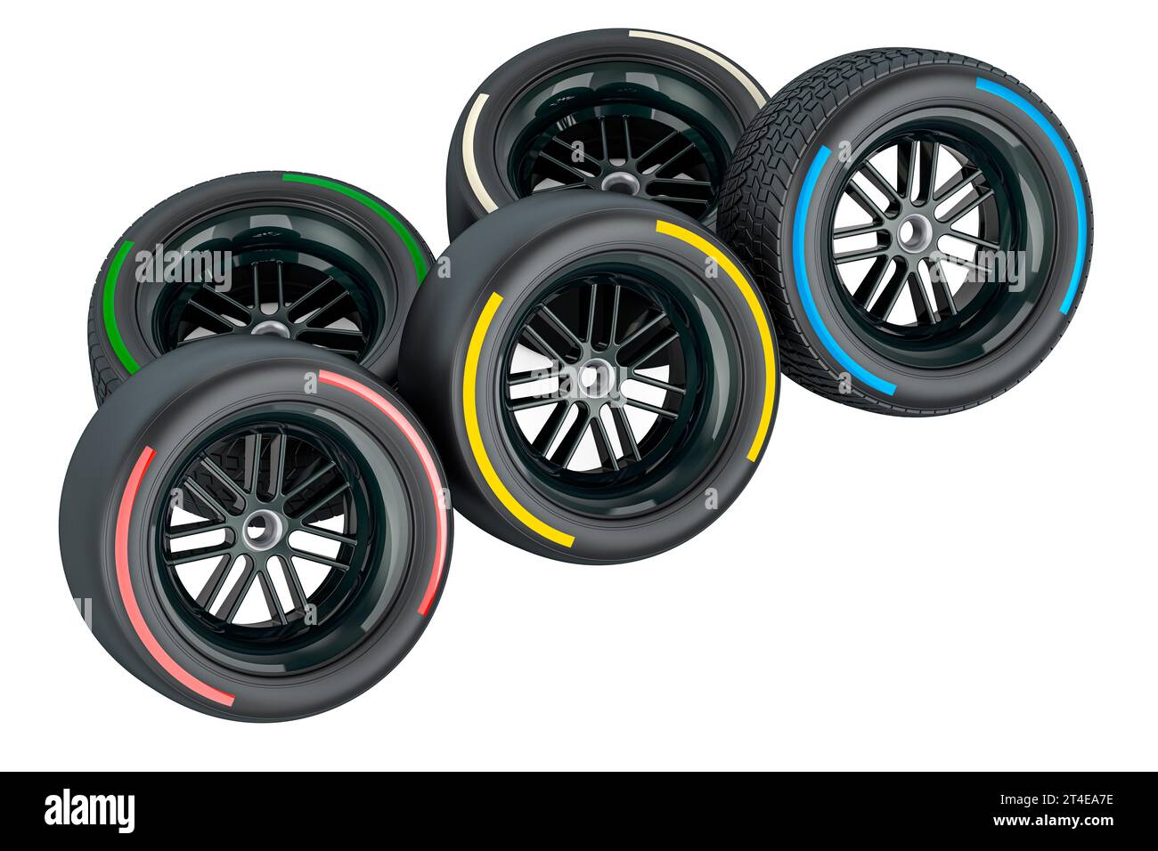 Racing wheels with different compounds type tyres. Soft, hard, medium, intermediate, wet racing