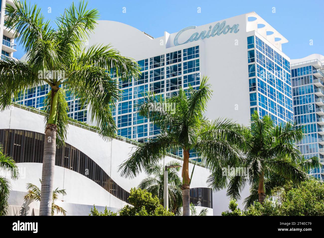 Miami Beach Florida,outside exterior,building front entrance hotel,Collins Avenue,Carillon Miami Wellness Resort sign,high rise skyscraper tall buildi Stock Photo