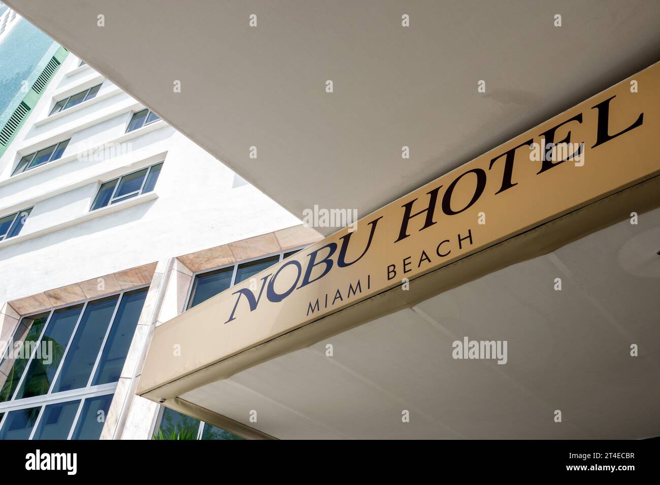 Miami Beach Florida,outside exterior,building front entrance hotel,Collins Avenue,Nobu Miami sign,hotels motels businesses Stock Photo