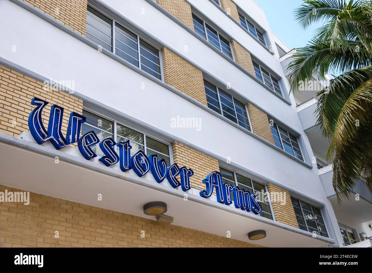 Miami Beach Florida,outside exterior,building front entrance hotel,Collins Avenue,Westover Arms Hotel sign,hotels motels businesses Stock Photo