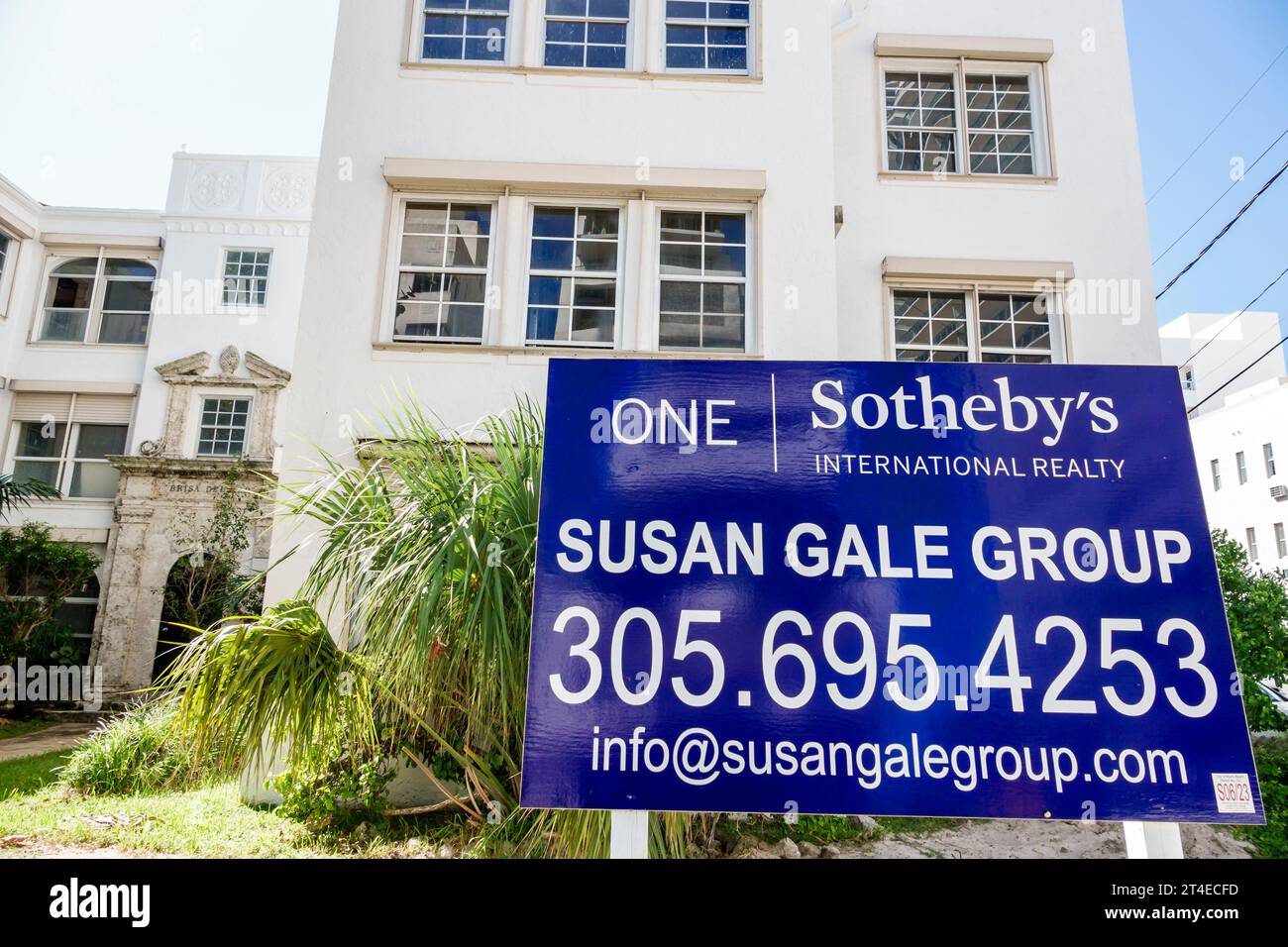 Miami Beach Florida,outside exterior,building front entrance hotel,Collins Avenue,Sotheby's International Realty real estate sign,property for sale Stock Photo