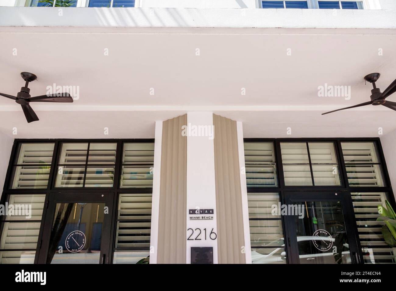 Miami Beach Florida,outside exterior,building front entrance hotel,KAYAK Miami Beach sign,hotels motels businesses Stock Photo