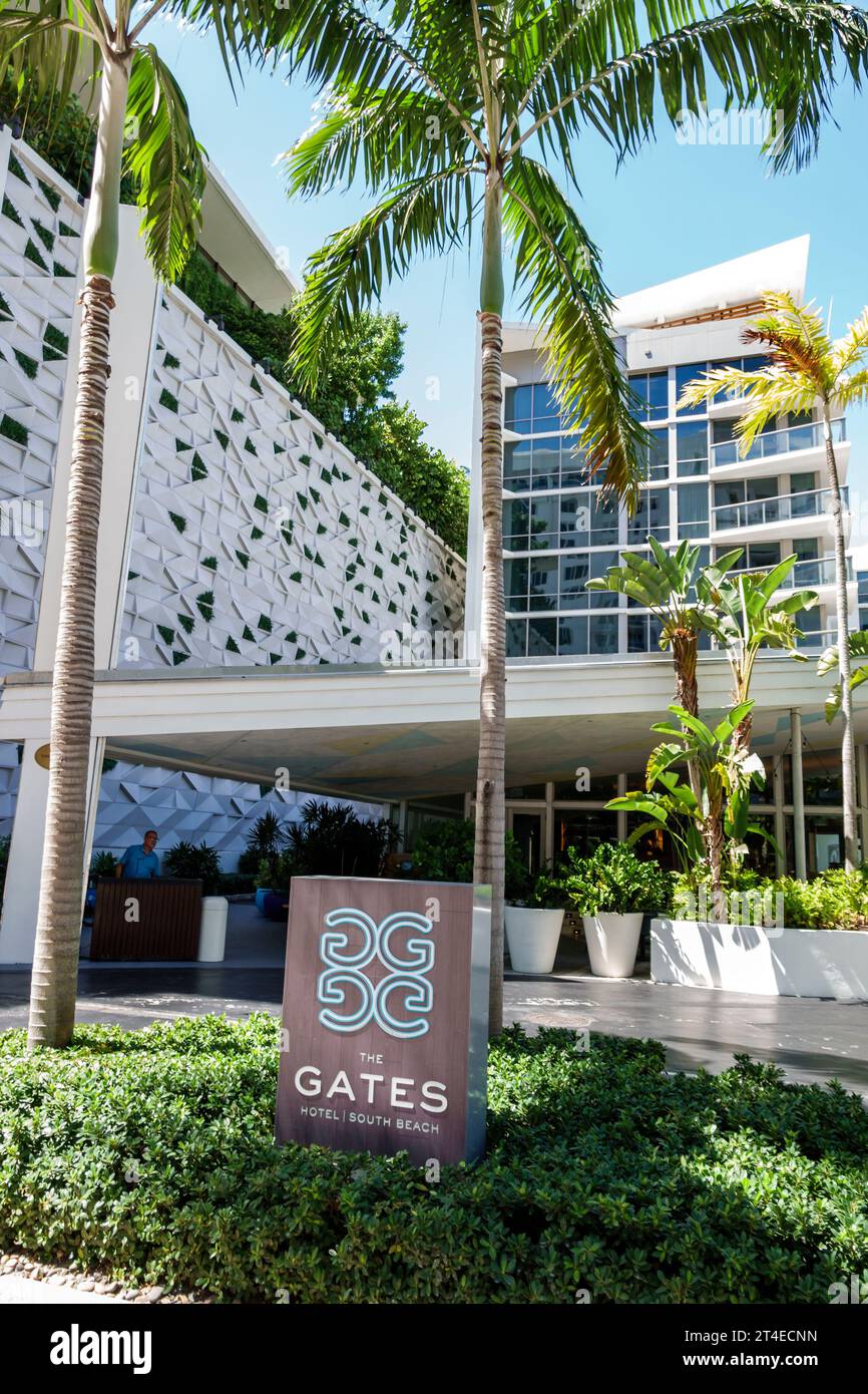 Miami Beach Florida,outside exterior,building front entrance hotel,Collins Avenue,The Gates Hotel South Beach DoubleTree by Hilton sign,hotels motels Stock Photo