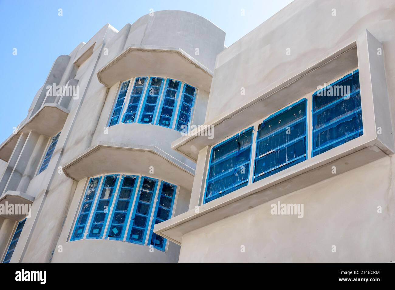 Miami Beach Florida,outside exterior,building front entrance,renovated restored preservation sustainability recycling,Art Deco style architecture,new Stock Photo