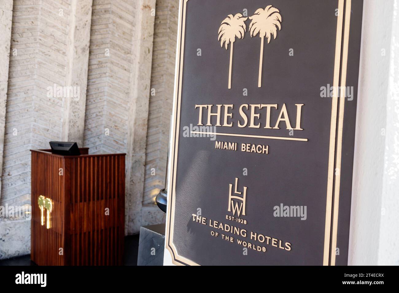 Miami Beach Florida,outside exterior,building front entrance hotel,Collins Avenue,Setai Hotel Miami Beach sign,hotels motels businesses Stock Photo