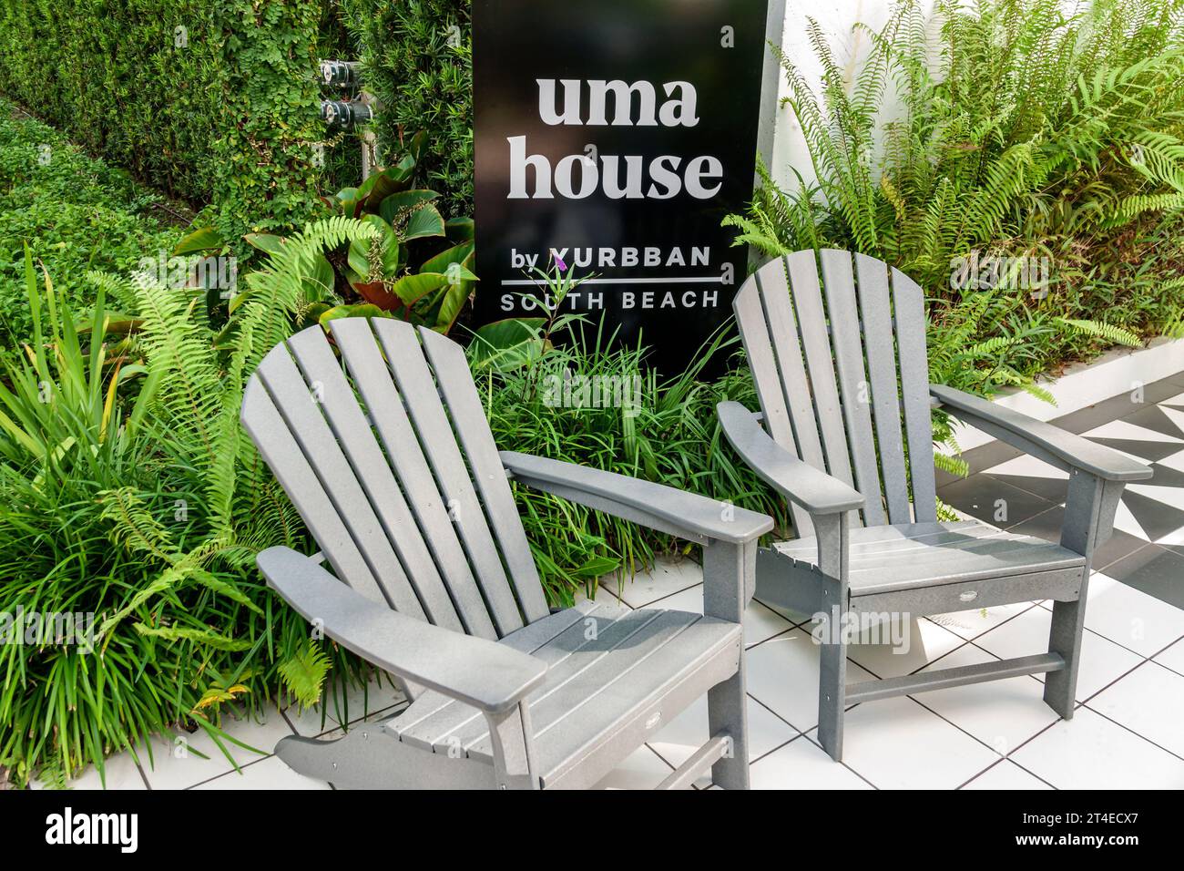 Miami Beach Florida,outside exterior,building front entrance hotel,Uma House by Yurbban sign,hotels motels businesses Stock Photo