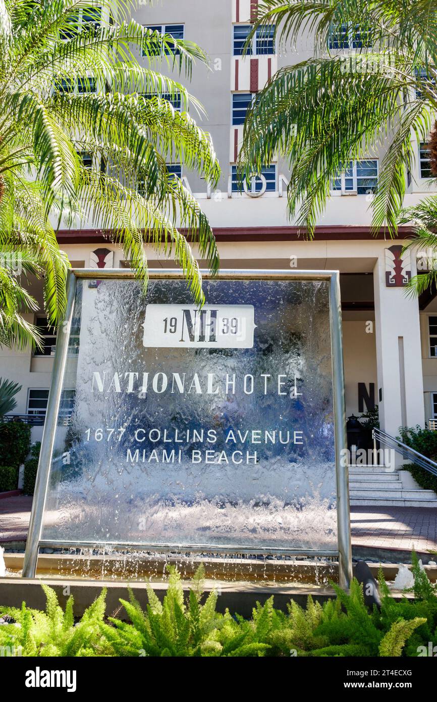 Miami Beach Florida,outside exterior,building front entrance hotel,Collins Avenue,National Hotel,An Adult Only Oceanfront Resort sign fountain,hotels Stock Photo