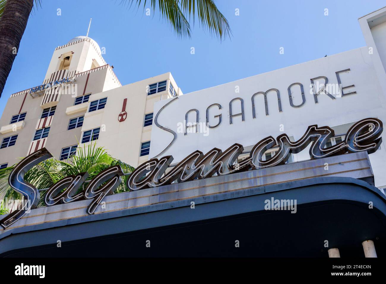 Miami Beach Florida,outside exterior,building front entrance hotel,Collins Avenue,Sagamore Hotel sign,National Hotel,An Adult Only Oceanfront Resort,A Stock Photo