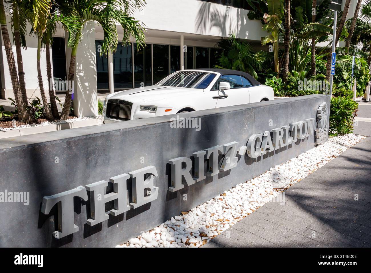 Miami Beach Florida,outside exterior,building front entrance hotel,Lincoln Road,The Ritz-Carlton,South Beach sign,hotels motels businesses Stock Photo