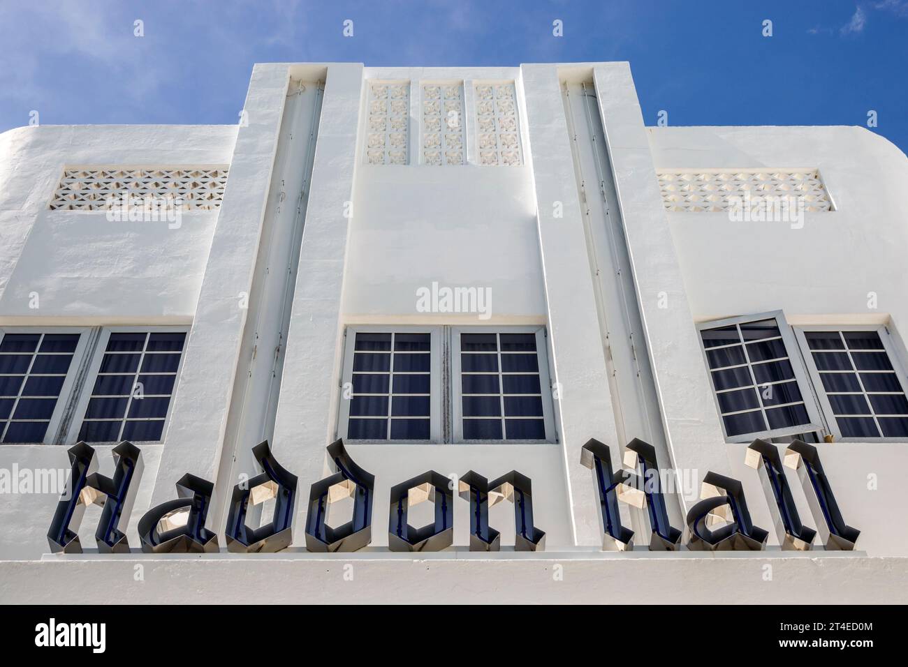 Miami Beach Florida,outside exterior,building front entrance hotel,Collins Avenue,AxelBeach Miami South Beach former Haddon Hall sign,Art Deco style a Stock Photo