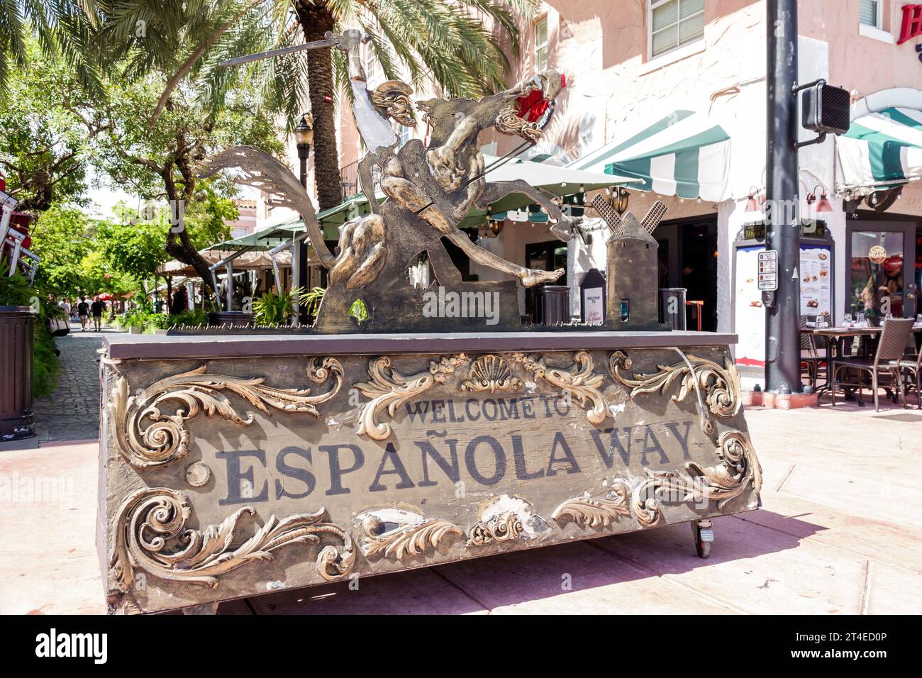 Miami Beach Florida,Espanola Way historic Spanish Village,pedestrian walkway welcome sign,art artwork sculpture Don Quixote figure Stock Photo