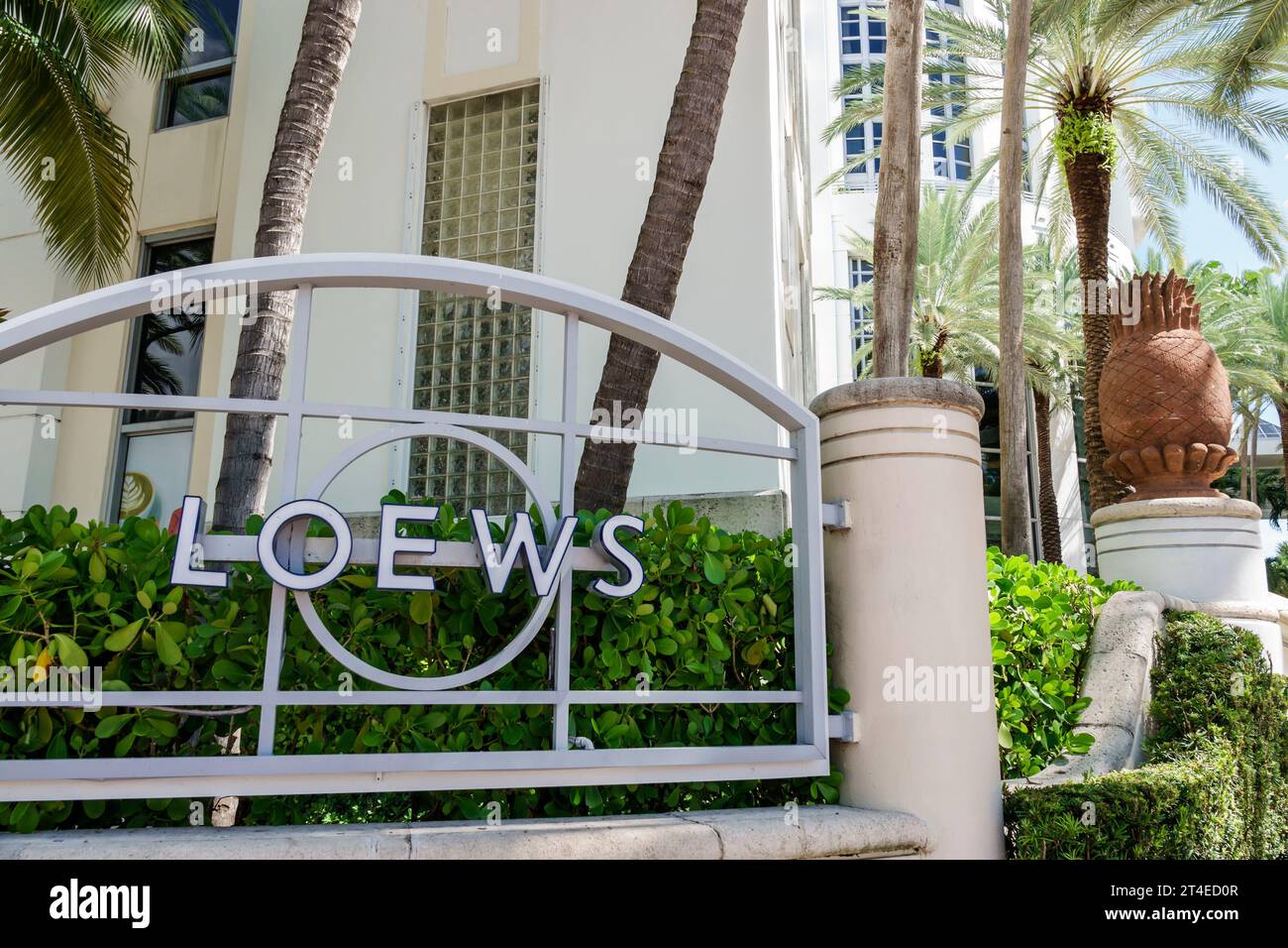 Miami Beach Florida,outside exterior,building front entrance hotel,Collins Avenue,Loews Miami Beach Hotel sign,hotels motels businesses Stock Photo