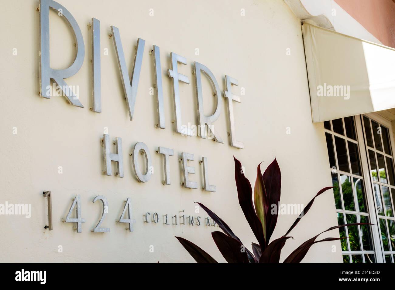 Miami Beach Florida,outside exterior,building front entrance hotel,Collins Avenue,Riviere South Beach Hotel sign,hotels motels businesses Stock Photo