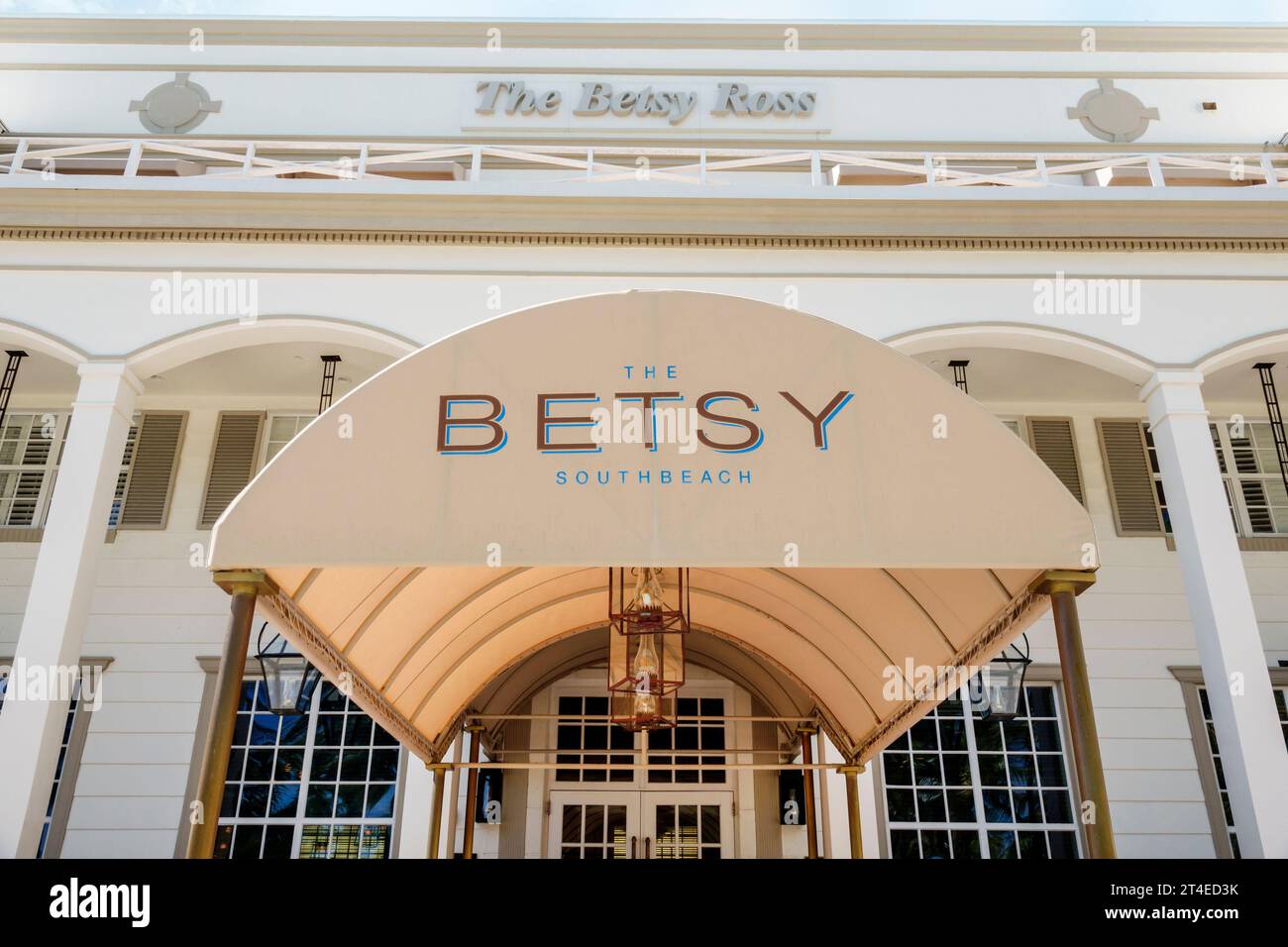 Miami Beach Florida,outside exterior,building front entrance hotel,Ocean Drive The Betsy South Beach sign awning,hotels motels businesses Stock Photo
