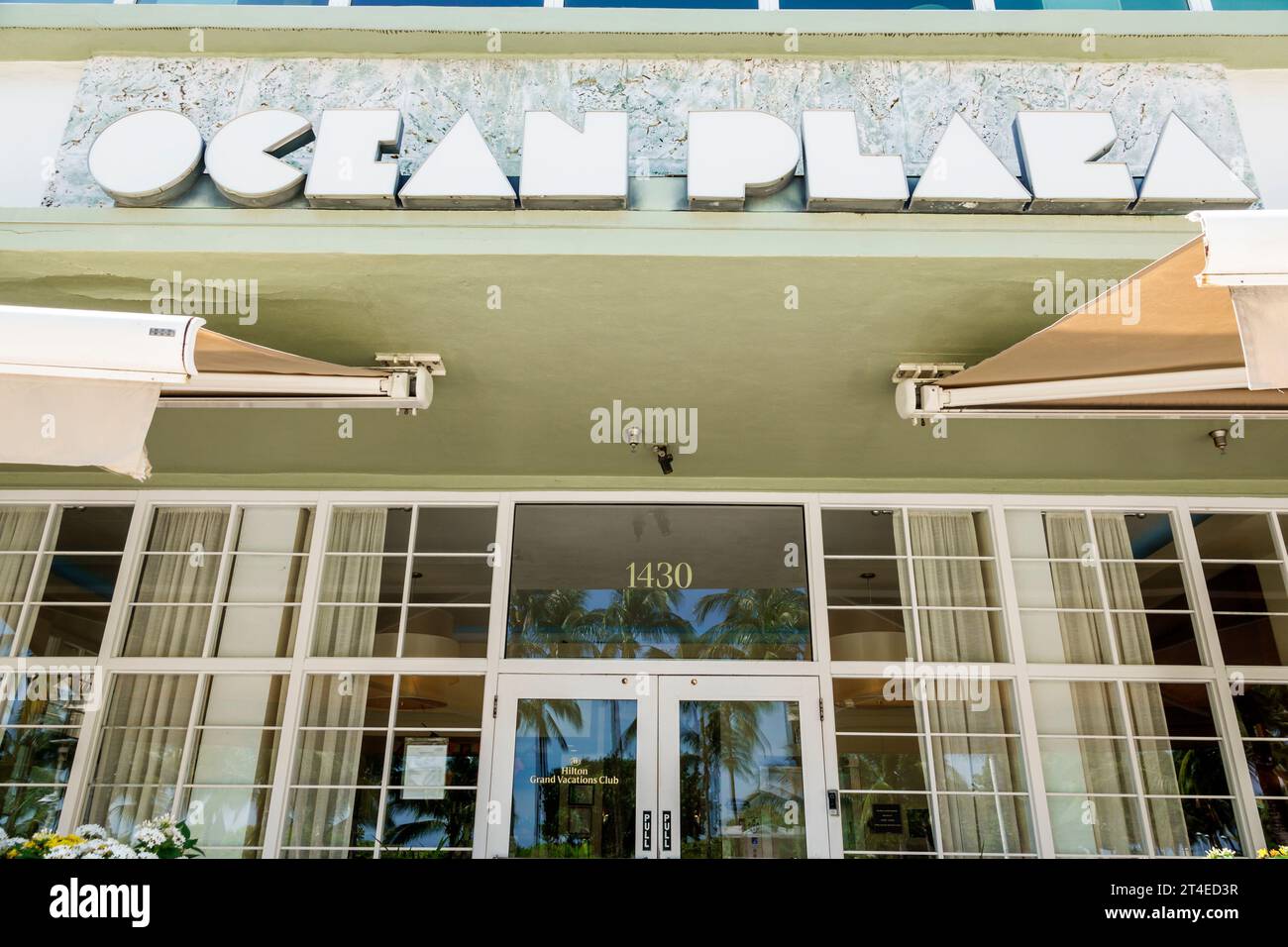 Miami Beach Florida,outside exterior,building front entrance hotel,Ocean Drive Hilton Grand Vacations Club McAlpin Ocean Plaza Miami sign,hotels motel Stock Photo
