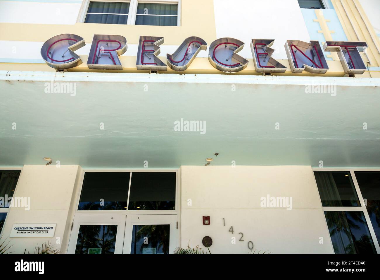 Miami Beach Florida,outside exterior,building front entrance hotel,Ocean Drive Hilton Vacation Club Crescent on South Beach Miami sign,hotels motels b Stock Photo